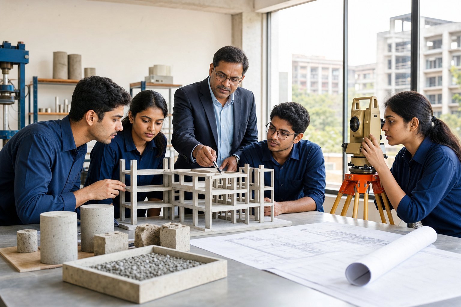 Civil Engineering students working with structural models